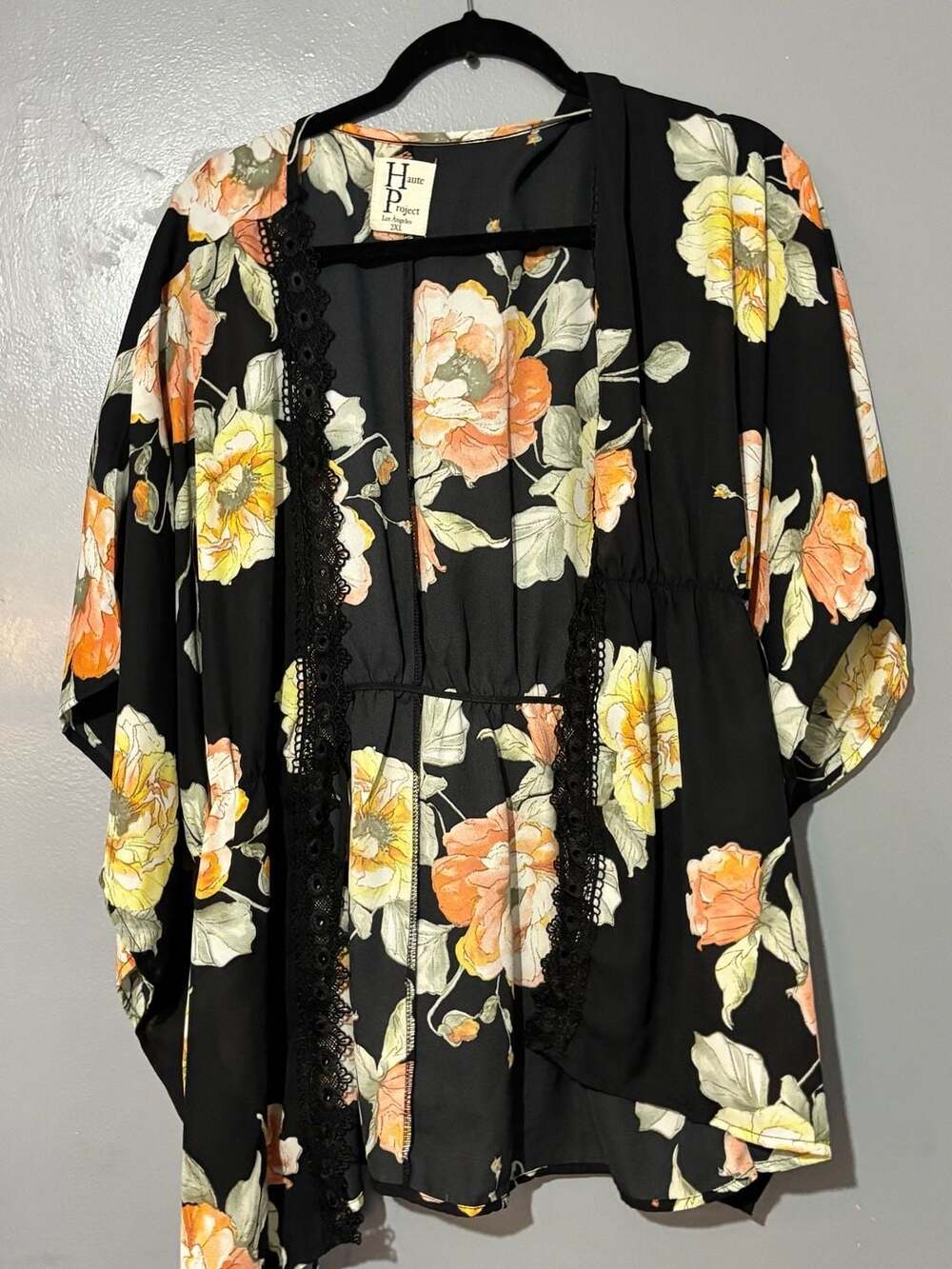 Haute Project Los Angeles Floral Print Kimono Cardigan with Lace Trim 2XL